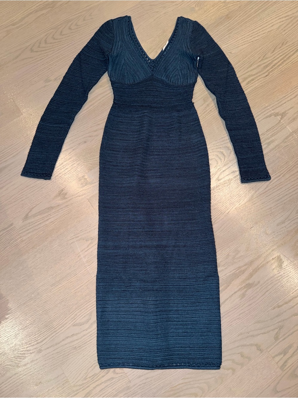 Torn by Ronny Kobo Dark Blue Long Sleeve V-Neck Midi Dress